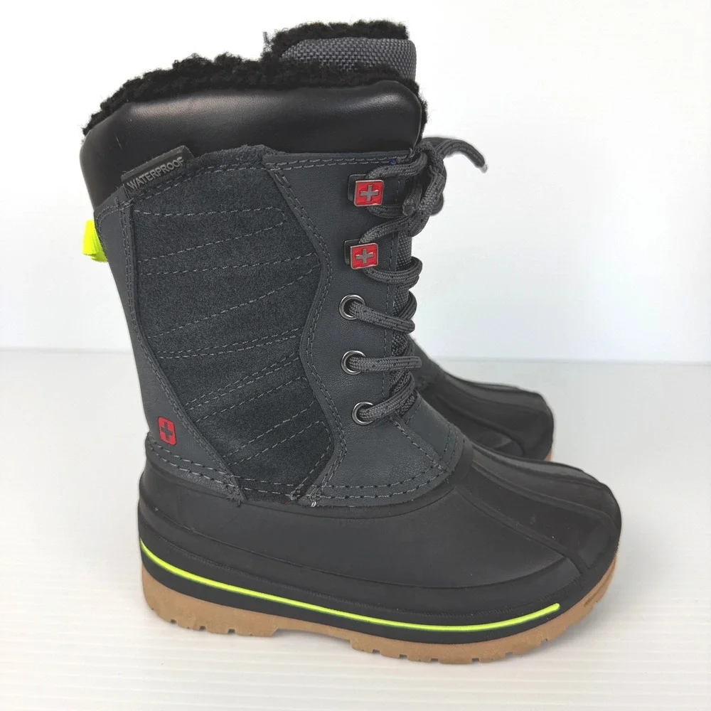 Swiss Tech Kids Winter‎ Snow Boots Grey Black Neon Yellow Waterproof Size 10